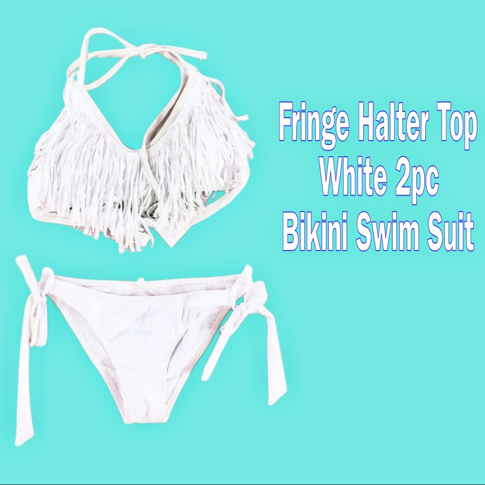 NWT Designer 2pc White Fringe bikini Halter top 2pc swim suit.